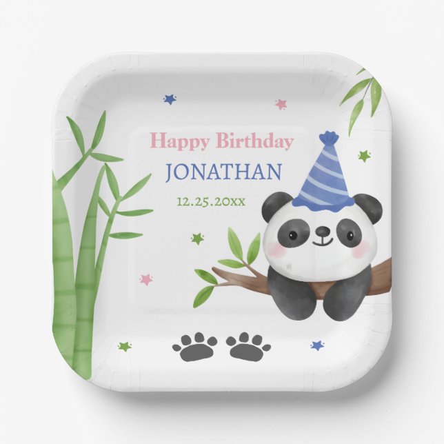 Panda Bear Green Bamboo Kids Birthday  Paper Plate (Front)