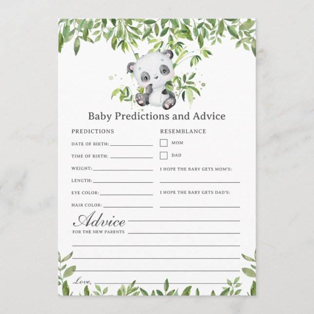 Panda Bear Greenery Baby Predictions Game Card (Front)