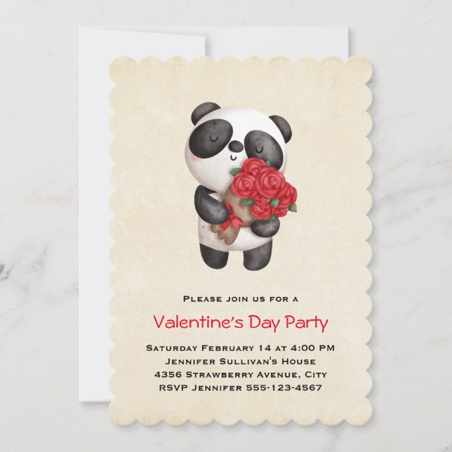 Panda Bear Holding Bouquet of Roses Valentine's Invitation (Front)