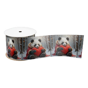 Panda Bear Hugging a Red Heart Satin Ribbon