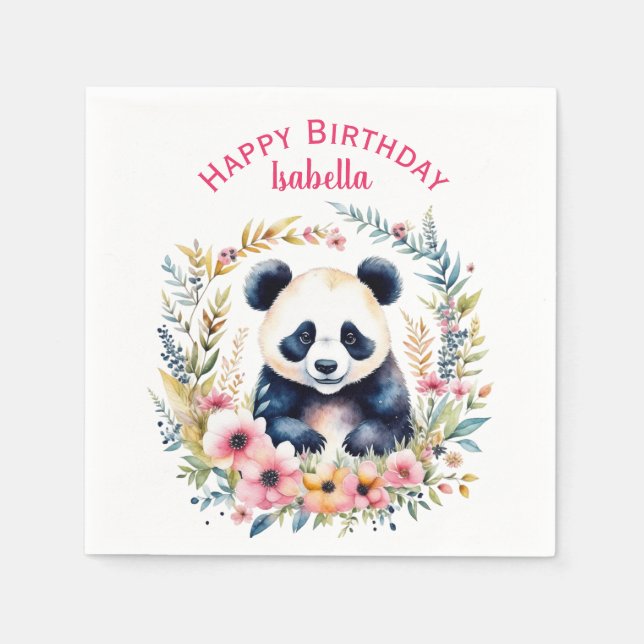 Panda Bear in Flowers Girl's Birthday Personalised Napkin (Front)