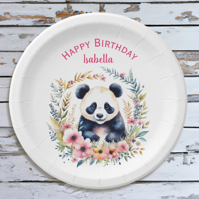 Panda Bear in Flowers Girl's Birthday Personalised Paper Plate (Creator Uploaded)