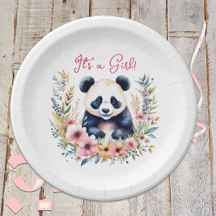 Panda Bear in Flowers Girl's It's a Girl Paper Plate