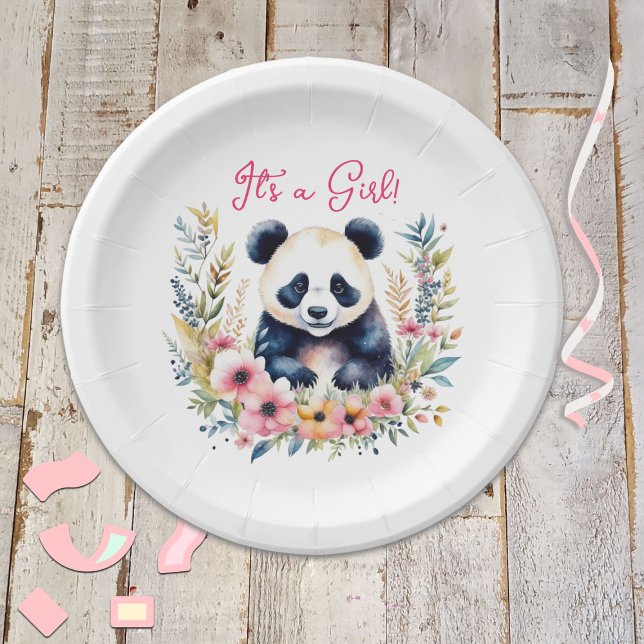 Panda Bear in Flowers Girl's It's a Girl Paper Plate (Creator Uploaded)
