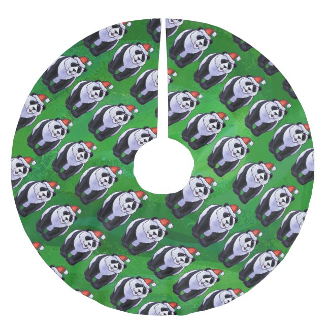 Panda Bear in Santa Hat on Green Brushed Polyester Tree Skirt (Front)