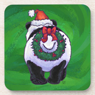 Panda Bear in Santa Hat on Green Coaster
