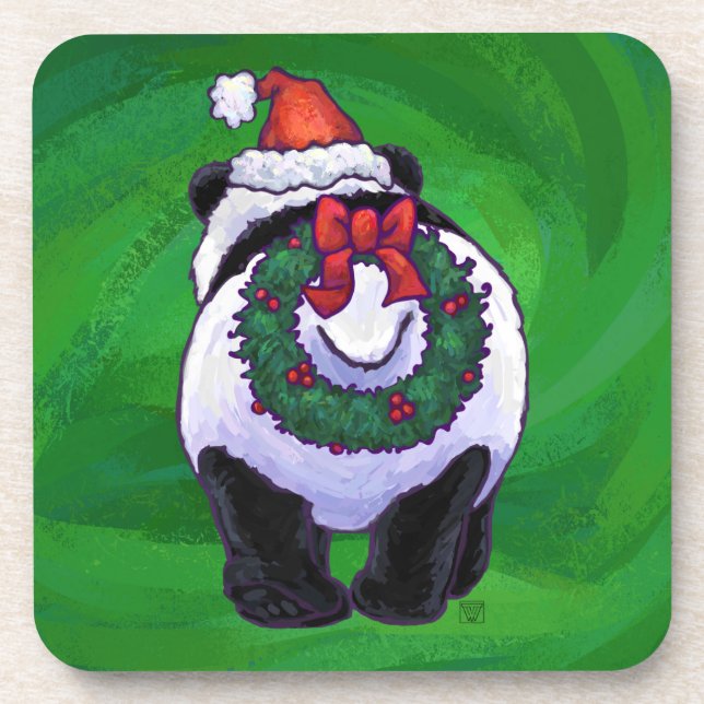 Panda Bear in Santa Hat on Green Coaster (Front)