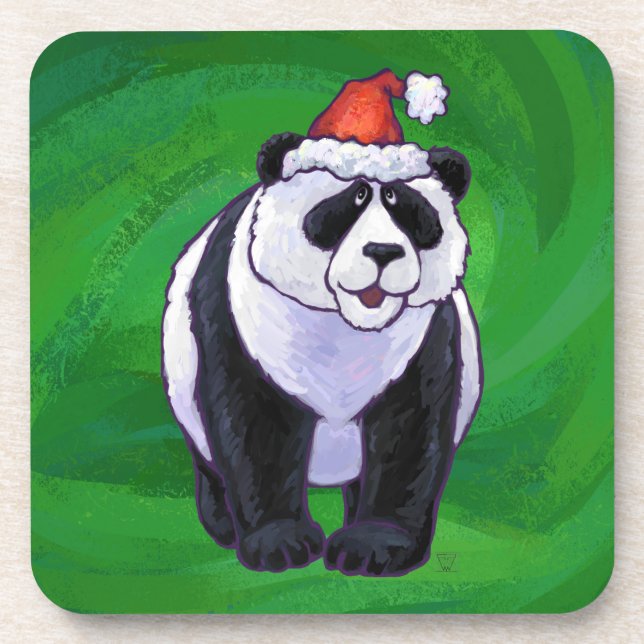 Panda Bear in Santa Hat on Green Coaster (Front)