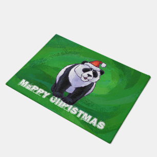 Panda Bear in Santa Hat on Green Doormat