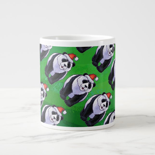 Panda Bear in Santa Hat on Green Large Coffee Mug (Front)