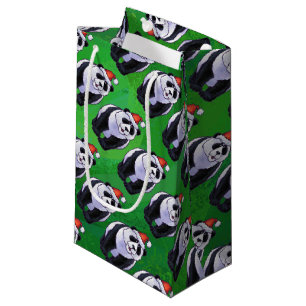 Panda Bear in Santa Hat on Green Small Gift Bag