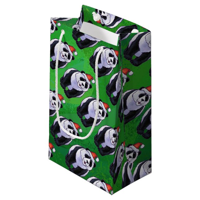 Panda Bear in Santa Hat on Green Small Gift Bag (Front Angled)