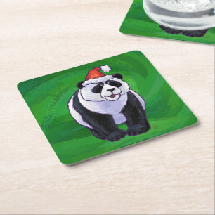 Panda Bear in Santa Hat on Green Square Paper Coaster