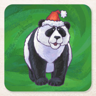 Panda Bear in Santa Hat on Green Square Paper Coaster