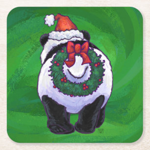 Panda Bear in Santa Hat on Green Square Paper Coaster
