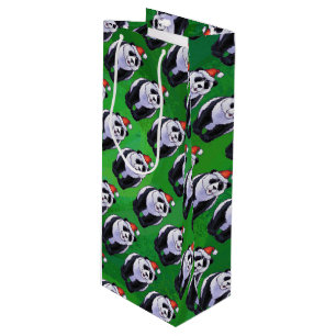 Panda Bear in Santa Hat on Green Wine Gift Bag