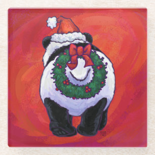 Panda Bear in Santa Hat On Red Glass Coaster