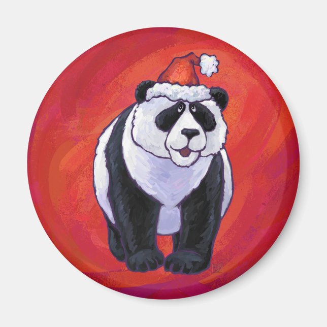 Panda Bear in Santa Hat On Red Magnet (Front)