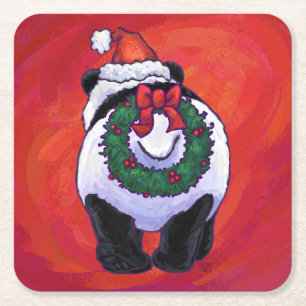 Panda Bear in Santa Hat On Red Square Paper Coaster