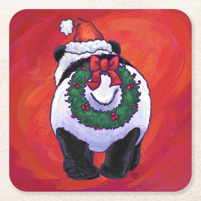 Panda Bear in Santa Hat On Red Square Paper Coaster (Front)