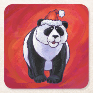 Panda Bear in Santa Hat On Red Square Paper Coaster