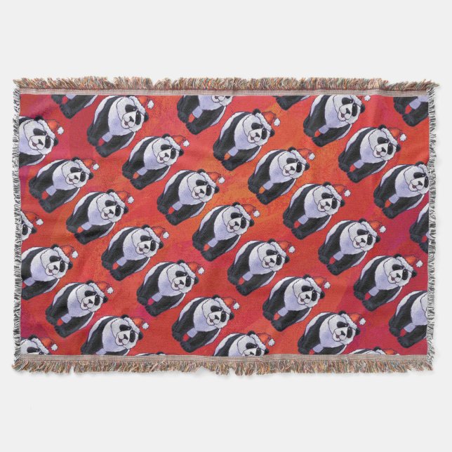 Panda Bear in Santa Hat On Red Throw Blanket (Front)