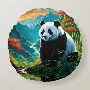 Panda Bear in the clouds Round Cushion