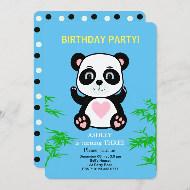 Panda Bear Kids Birthday Invitation (Front/Back)