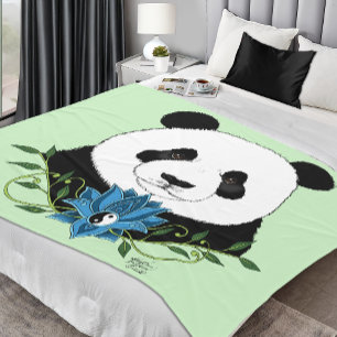 Panda Bear Lotus Flower Blue Fleece Blanket