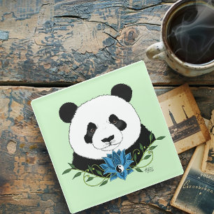  Panda Bear Lotus Flower Blue Glass Coaster
