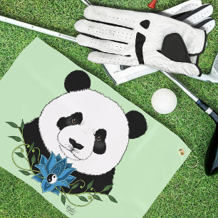 Panda Bear Lotus Flower Blue Golf Towel