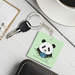 Panda Bear Lotus Flower Blue Key Ring