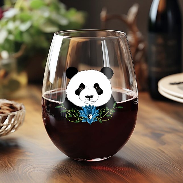 Panda Bear Lotus Flower Blue Stemless Wine Glass (Creator Uploaded)