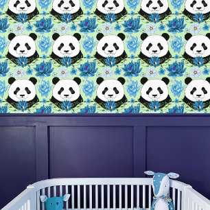 Panda Bear Lotus Flower Blue Wallpaper