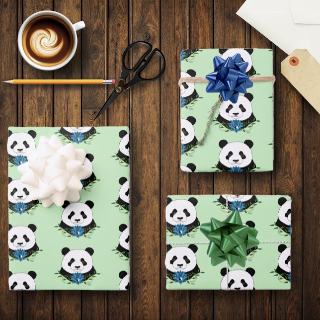 Panda Bear Lotus Flowers Blue Wrapping Paper Sheet (Creator Uploaded)