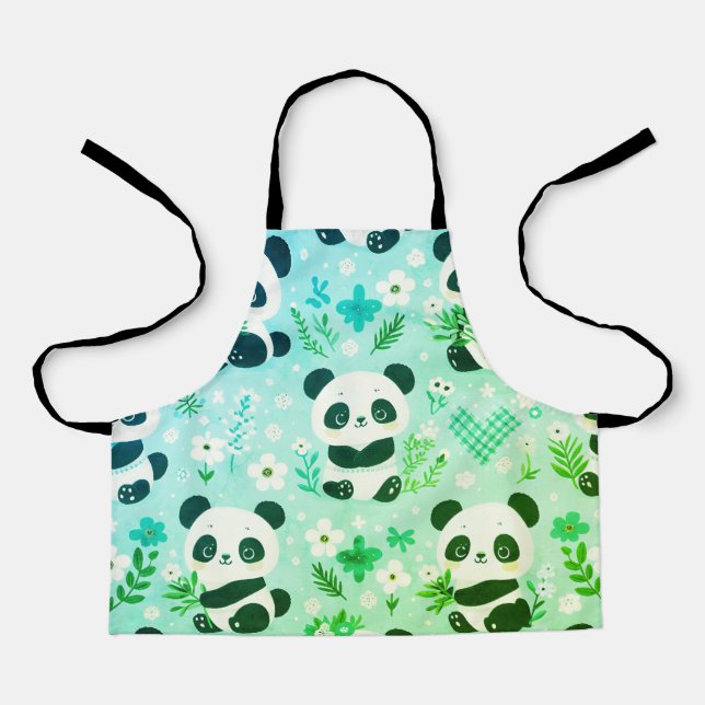 Panda Bear Pattern Green Print Apron (Front)