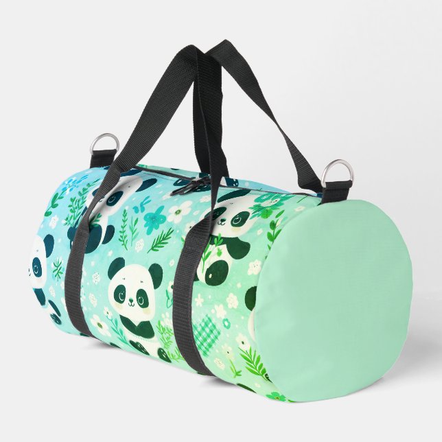 Panda Bear Pattern Green Print Duffle Bag (Left Corner)