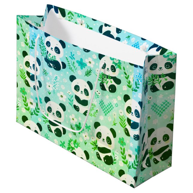 Panda Bear Pattern Green Print Large Gift Bag (Front Angled)