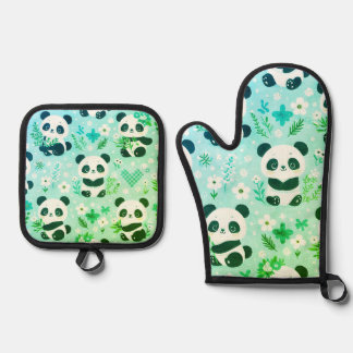 Panda Bear Pattern Green Print Oven Mitt & Pot Holder Set