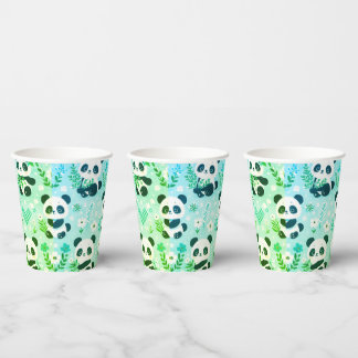 Panda Bear Pattern Green Print Paper Cups