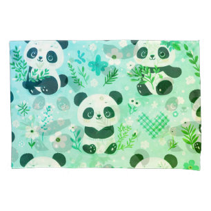 Panda Bear Pattern Green Print Pillowcase