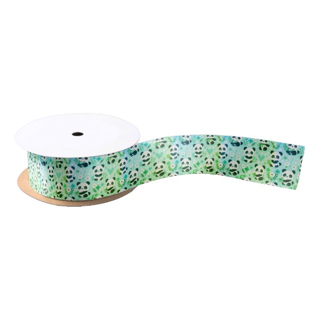 Panda Bear Pattern Green Print Satin Ribbon (Spool)