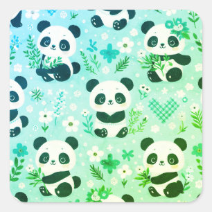 Panda Bear Pattern Green Print Square Sticker