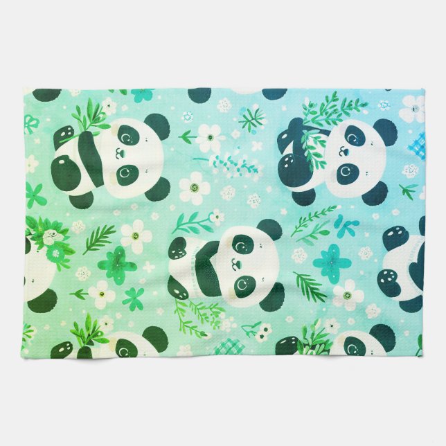 Panda Bear Pattern Green Print Tea Towel (Horizontal)