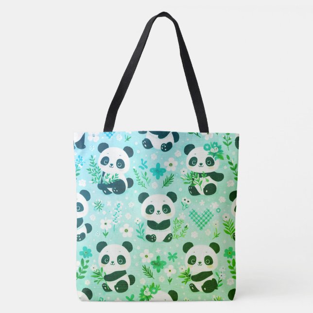 Panda Bear Pattern Green Print Tote Bag (Front)