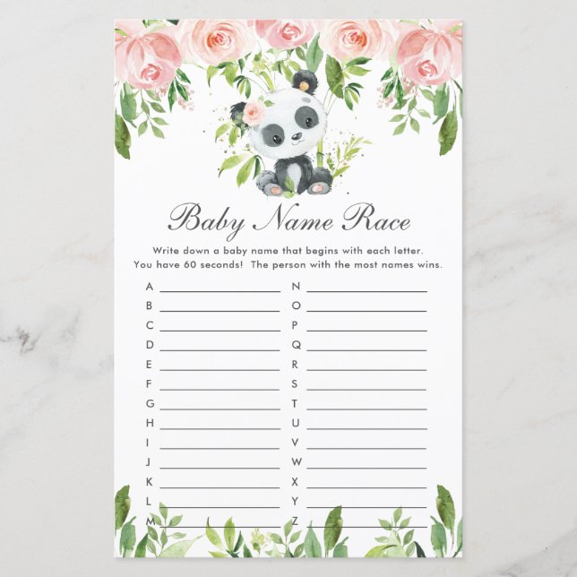 Panda Bear Pink Floral Baby Name Race ABC Game (Front)