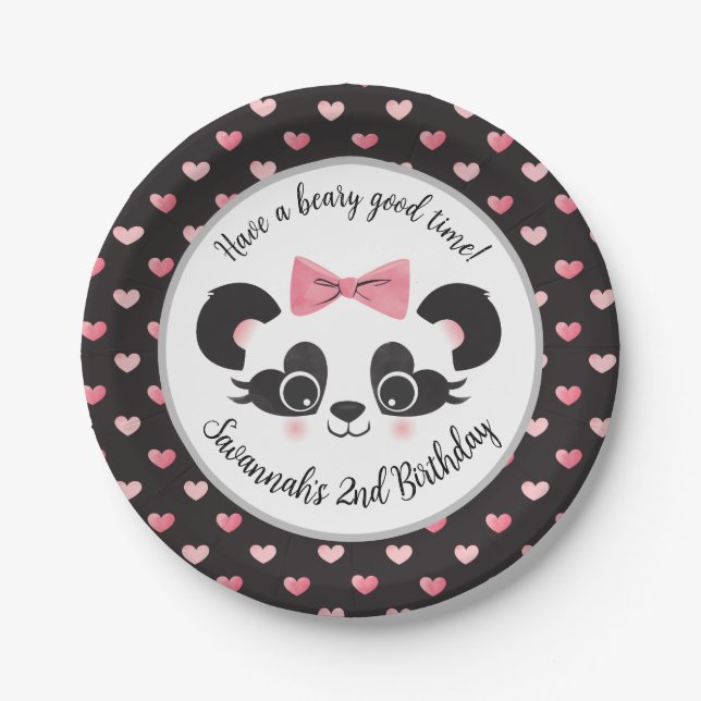 Panda Bear Pink Girls Birthday Party Round Paper Plate (Front)