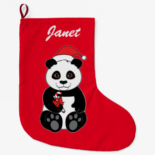 Panda Bear Snacking on Candy Cane Large Christmas Stocking