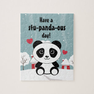 Panda bear snow cute kawaii kids cartoon good luck jigsaw puzzle