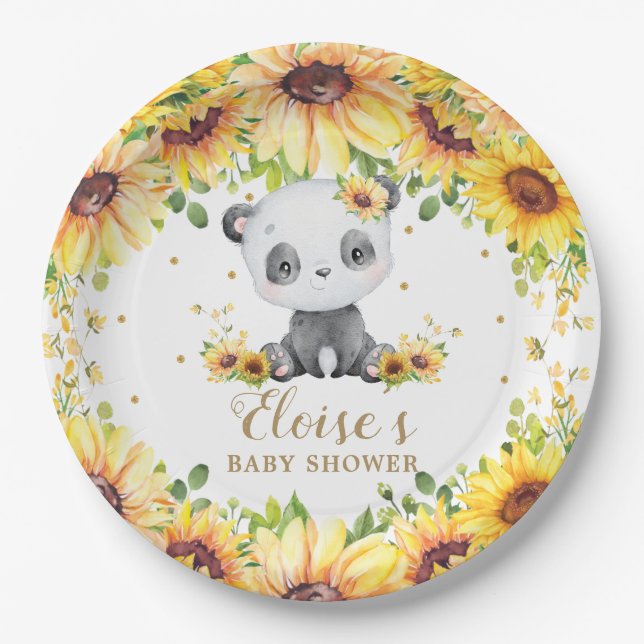 Panda Bear Sunflowers Baby Shower Birthday Party Paper Plate (Front)